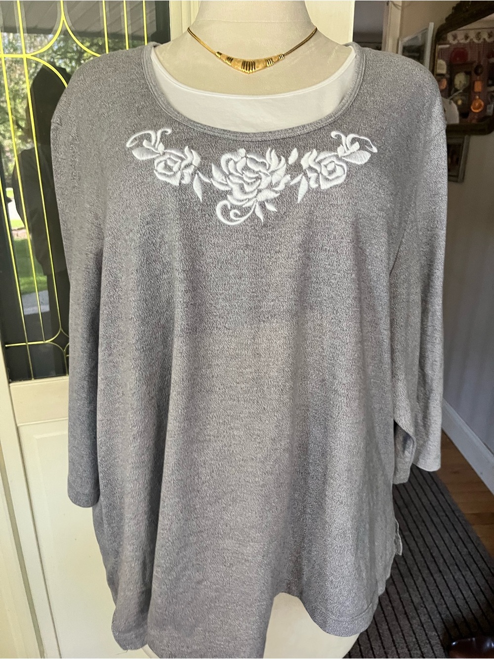 Cathy Daniels Gray Floral Embroidered Top Plus Size Soft Knit Modest Top